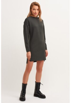 Rochie mini dreapta cu maneci lungi - Gri inchis melange