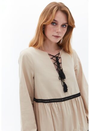 Rochie midi evazata de bumbac - Bej