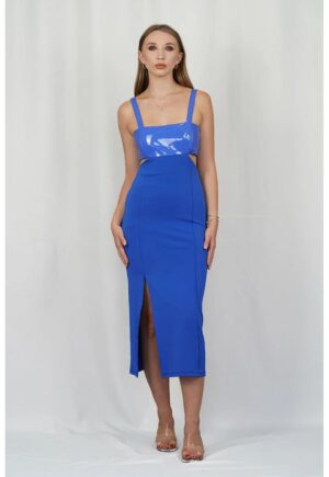Rochie midi - decupata lateral cu top imitatie de piele - Albastru