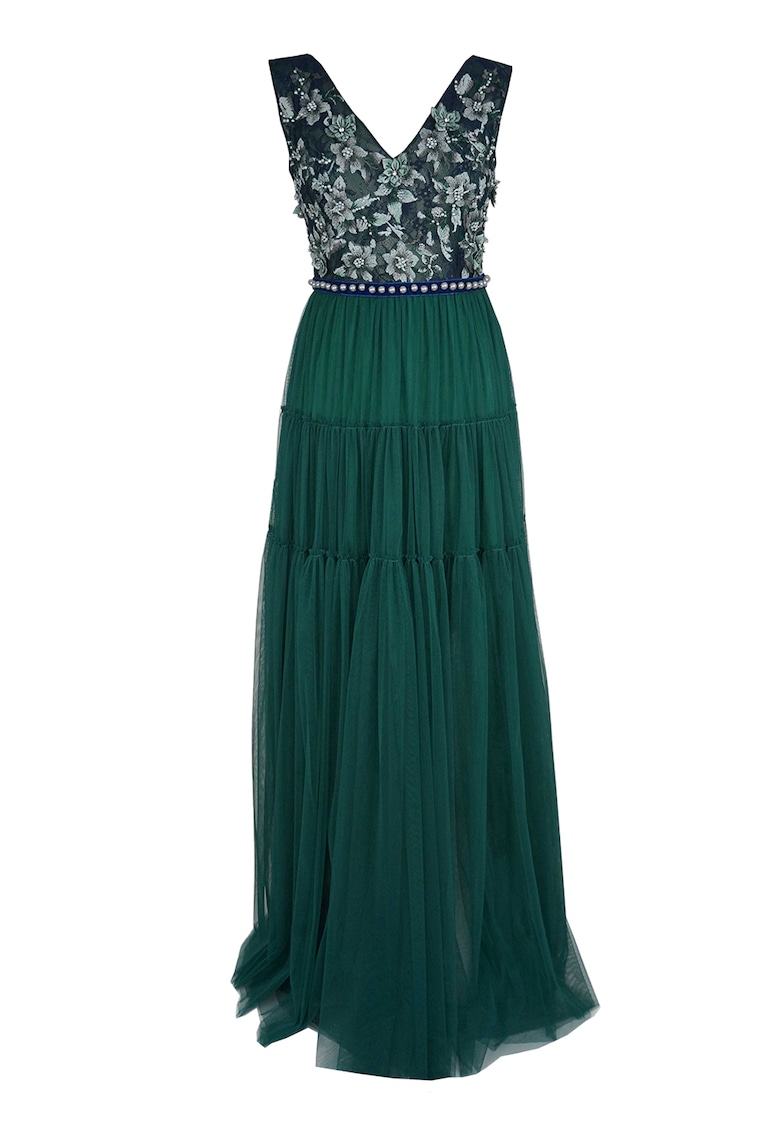 Rochie maxi stratificata cu motive florale brodate - Verde inchis