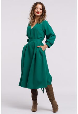 Rochie midi cu croiala in A si buzunare - Verde aquamarin