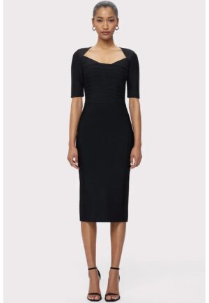 Rochie midi cu umarul gol si efect de sculptare a siletei HL2 - Negru