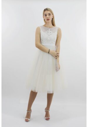 Rochie midi din tul alb si nude LIA