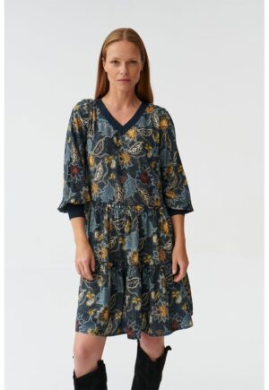 Rochie cu decolteu in V si model floral - Visiniu/Galben/Albastru