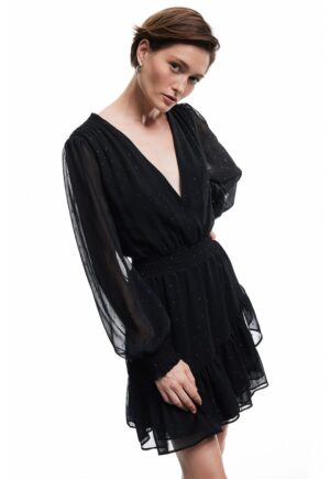 Rochie cu segmente semitransparente si decolteu in V - Negru