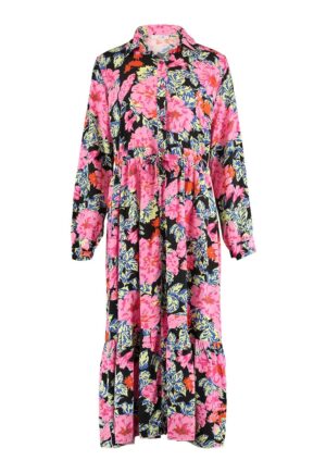 Rochie-camasa cu model floral - Albastru inchis/Roz aprins/Verde pal