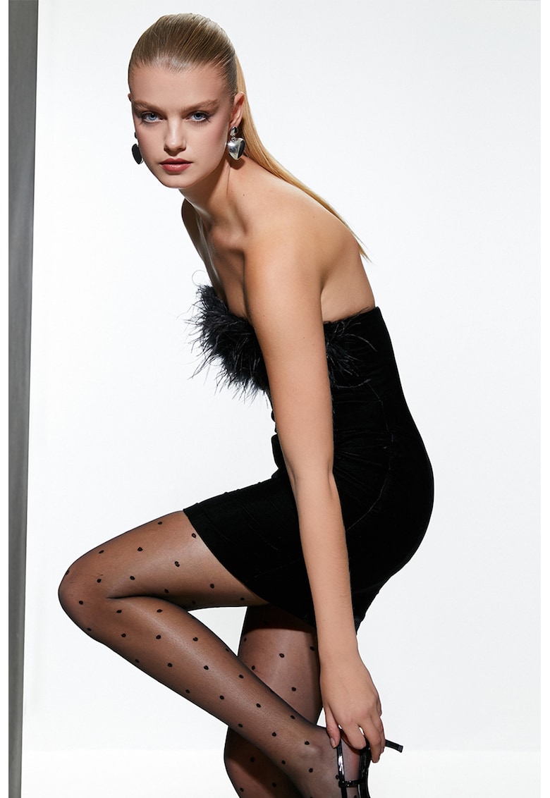 Rochie catifelata cu garnituri cu pene - Negru