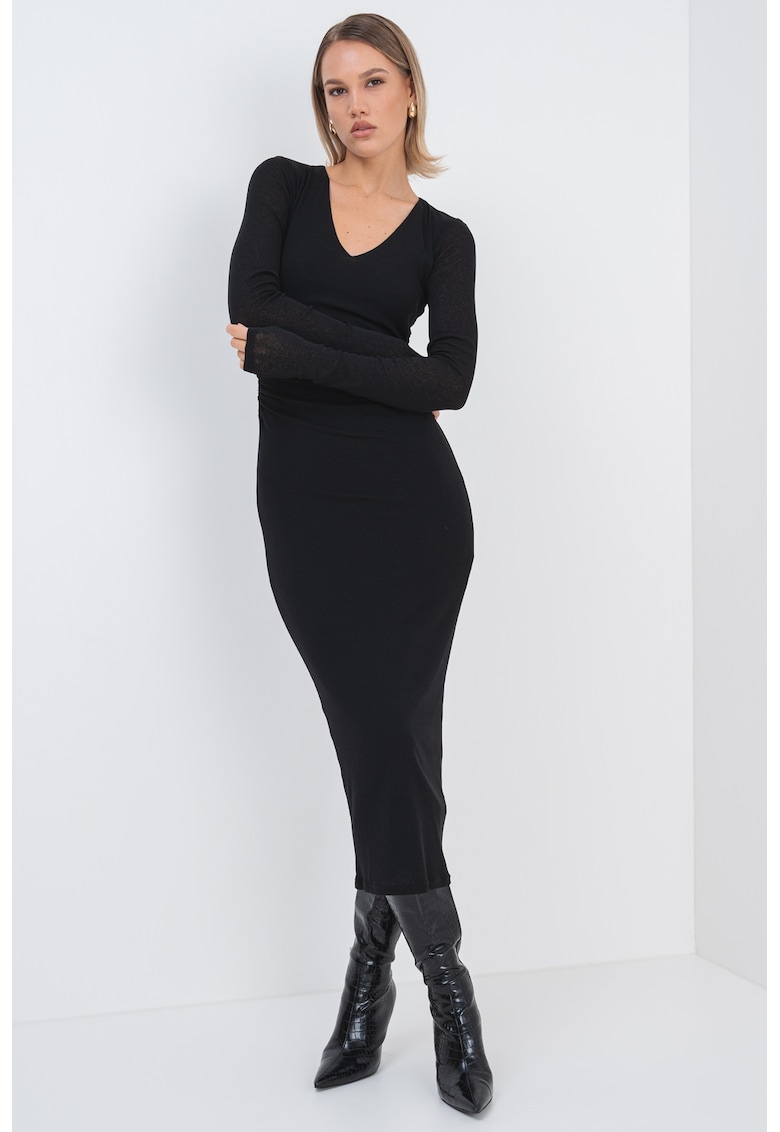 Rochie midi cambrata cu decolteu in V - Negru