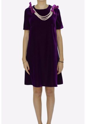 Rochie din catifea cu croiala in A si margele perlate Ama - Violet aubergine