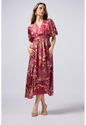 Rochie cu maneci scurte si imprimeu floral - Rosu/Galben pal