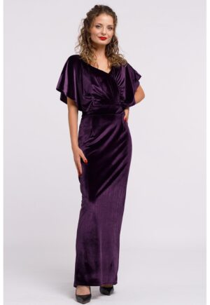 Rochie maxi catifelata cu decolteu in V - Mov inchis