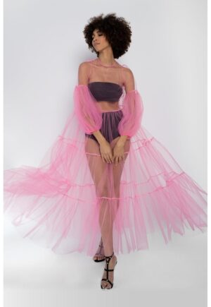 Rochie maxi din tul transparent Alena - Roz pastel