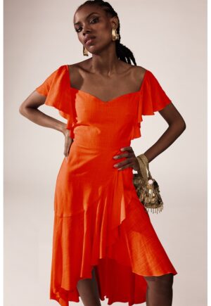 Rochie midi cu decolteu pe umeri - Portocaliu mandarina