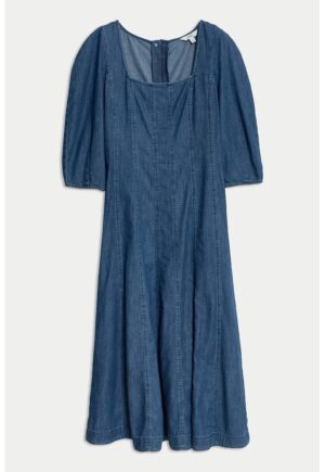 Rochie midi de bumbac cu decolteu patrat - Albastru inchis