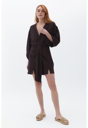 Rochie scurta din amestec de in - Maro inchis