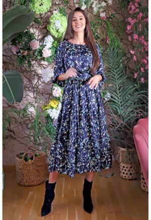 Rochie din amestec de matase cu model floral Cagliari - Alb/Bleumarin