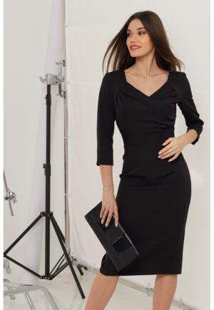 Rochie midi cu decolteu in V si slit pe spate - Negru