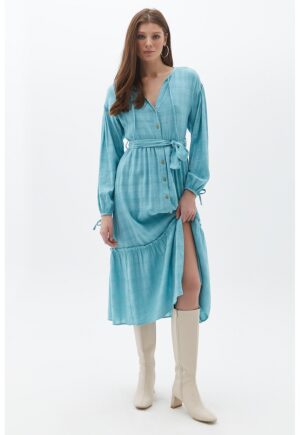 Rochie-camasa midi cu croiala in A - Turcoaz