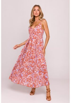 Rochie din sifon cu bretele subtiri - - Coral