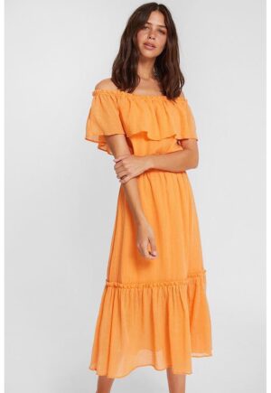 Rochie de bumbac cu decolteu pe umeri - Portocaliu deschis