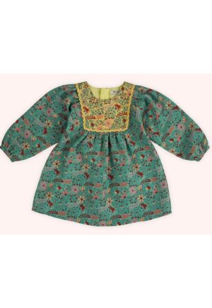 Rochie cu maneca lunga  - Retro Journey - Verde & Galben - pentru fetite - Verde
