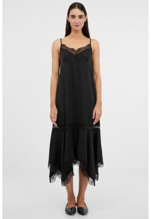 Rochie midi asimetrica cu garnitura dedantela - Negru