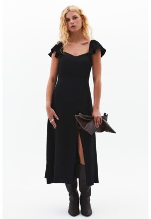Rochie midi cu model uni si croiala evazata - Negru
