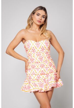 Rochie Scurta fara bretele Off White/Coral 12942 - Roz inchis/Bej
