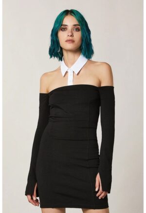 Rochie mini cu decolteu pe umeri si cu guler detasabil - Negru