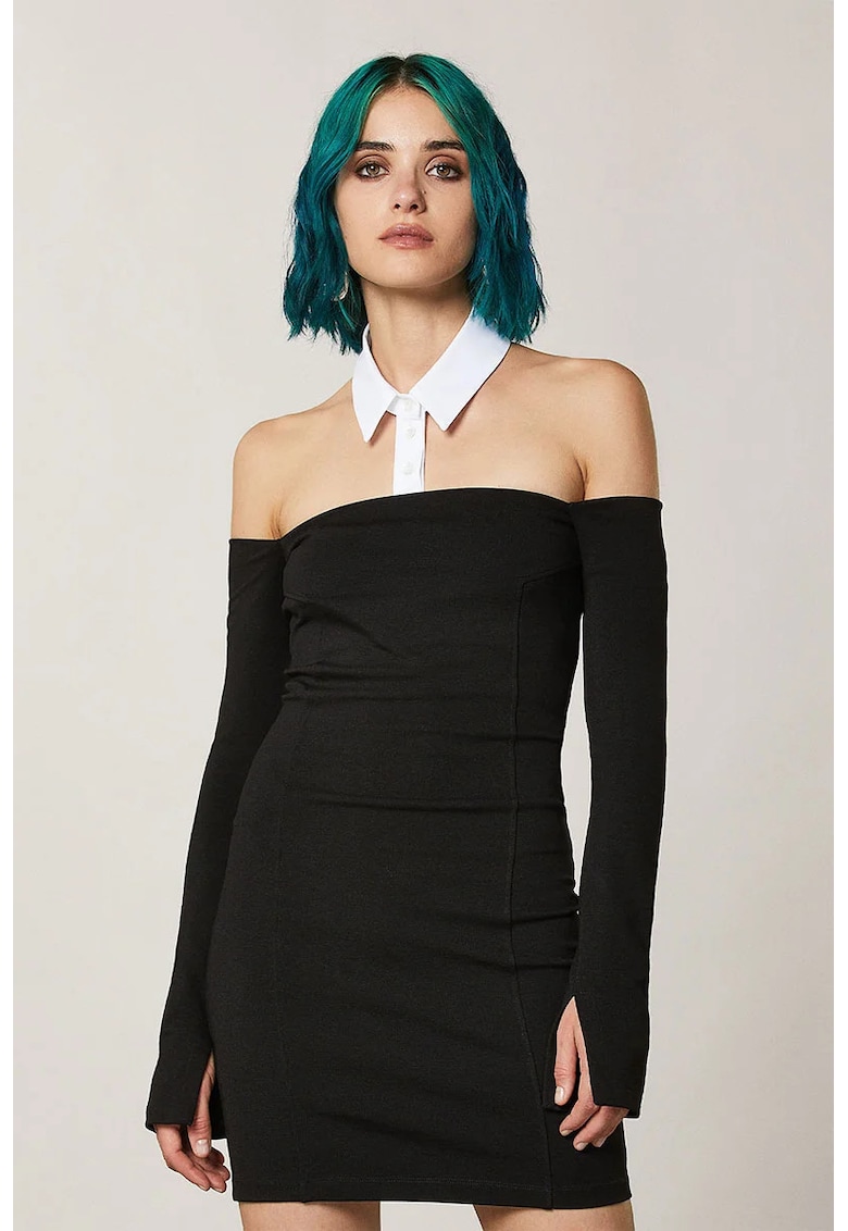 Rochie mini cu decolteu pe umeri si cu guler detasabil - Negru