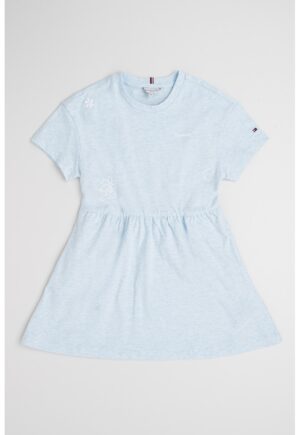 Rochie evazata de bumbac cu imprimeu text - Albastru glaciar