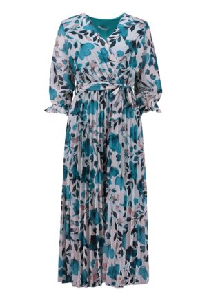Rochie maxi cu pliuri - Albastru azur/Alb murdar