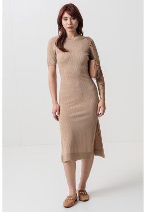 Rochie midi din tricot cu logo - Maro nisip