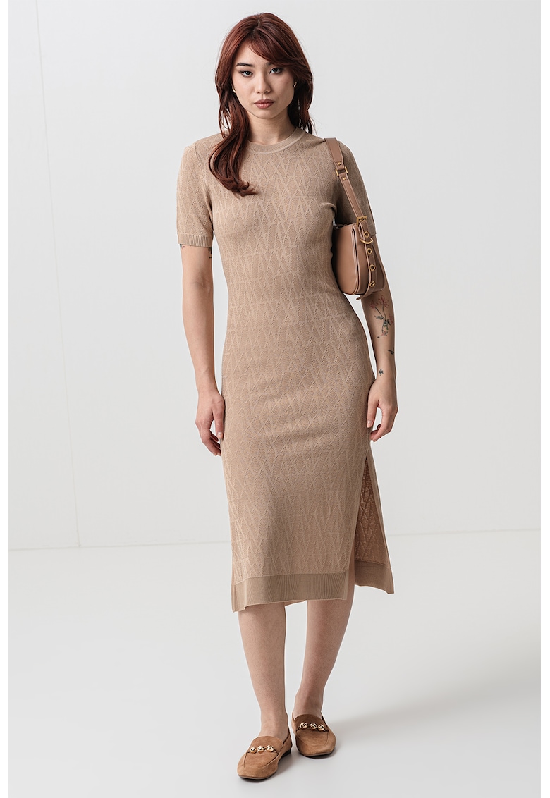 Rochie midi din tricot cu logo - Maro nisip