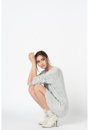 Rochie-pulover cu decolteu la baza gatului si aspect texturat - Gri deschis melange