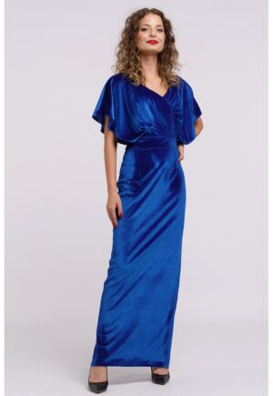 Rochie maxi catifelata cu decolteu in V - Albastru royal