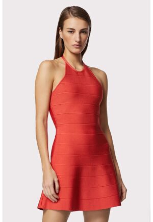 Rochie mini cu croiala in A si decolteu halter - Rosu