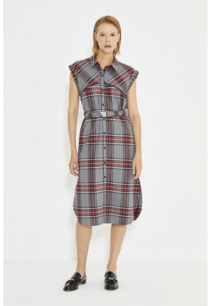 Rochie-camasa cu buzunare laterale si model in carouri - Gri/Rosu inchis