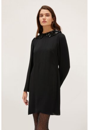 Rochie midi cu maneci lungi si guler cu paiete - Negru