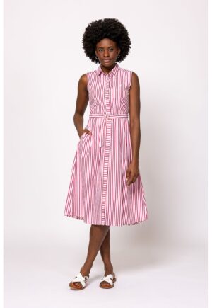 Rochie cu imprimeu - croiala in A si buzunare - Rosu stins/Alb murdar