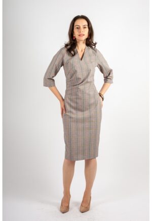 Rochie din amestec de lana cu model in carouri Amelie - Negru stins/Maro taupe deschis/Roz
