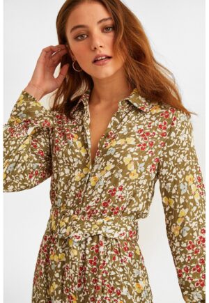 Rochie cu model floral si terminatie asimetrica - Rosu/Galben/Kaki