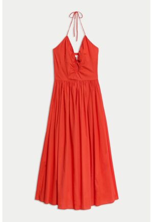 Rochie maxi de bumbac cu model halter - Rosu vermillion