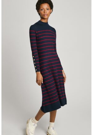 Rochie midi in dungi cu guler inalt - Rosu inchis/Bleumarin