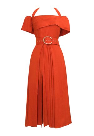 Rochie halter midi cu decolteu pe umeri - Coral