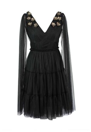 Rochie evazata cu decolteu in V si aplicatii florale - Negru/Grej