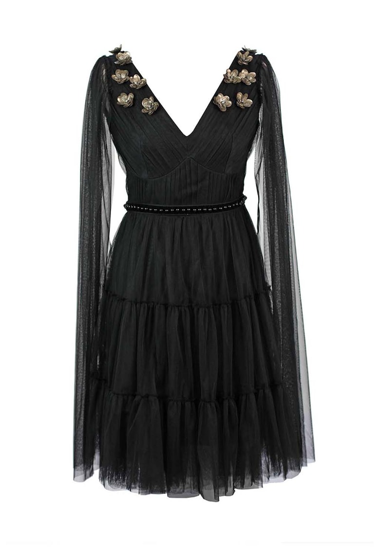 Rochie evazata cu decolteu in V si aplicatii florale - Negru/Grej