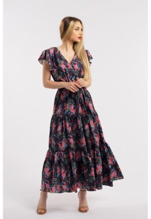 Rochie lunga cu decolteu in V - Roz/Bleumarin