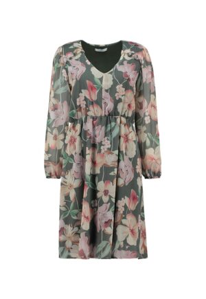 Rochie midi cu decolteu rotund si model floral - Roz pastel/Piersica/Verde feriga