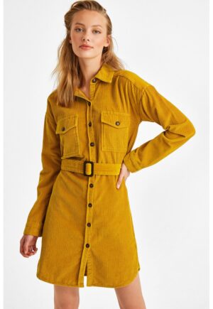 Rochie din reiat cu o curea - Galben mustar